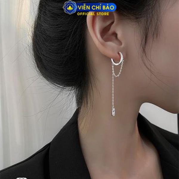 Bông tai bạc nữ móc tròn dây xích đính đá chất liệu bạc 925 thời trang phụ kiện trang sức nữ Viễn Chí Bảo B000037