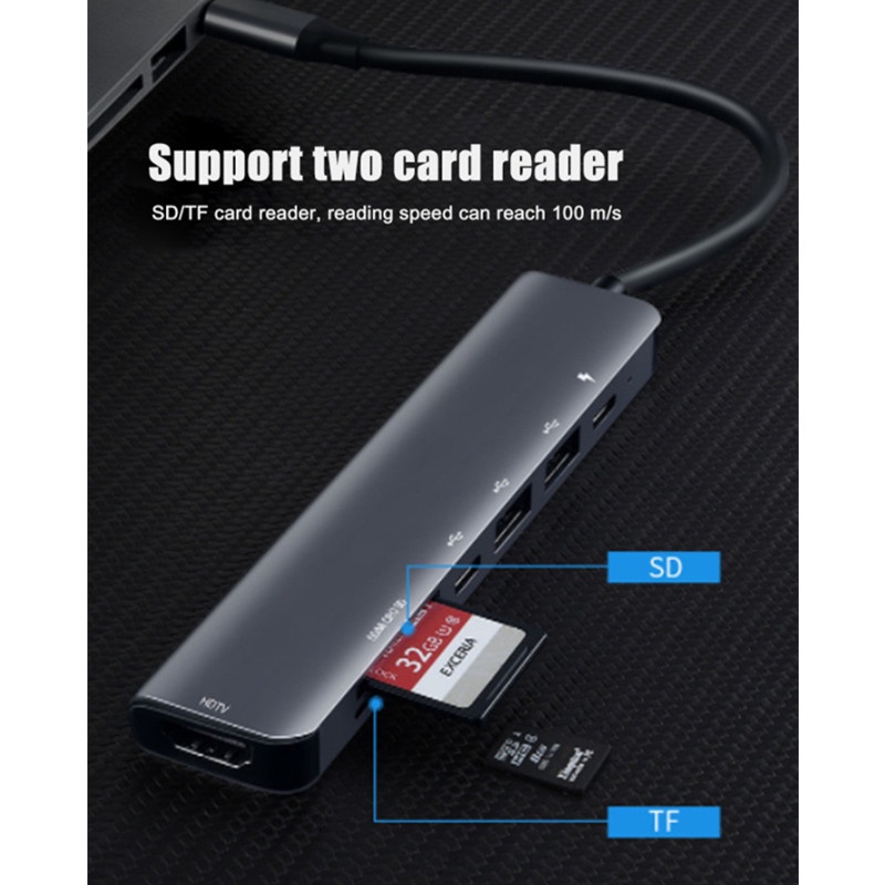 Bộ Chuyển Đổi Hub Type C 7 Trong 1 Với Cổng Usb/tf/sd/hdmi