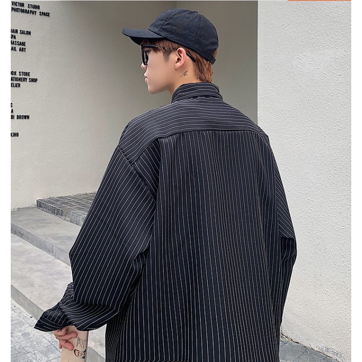 Áo sơ mi tay dài nam nữ form rộng kiểu sơ mi cổ bẻ unisex Hàn Quốc chất vải lụa Áo sơ mi oversize sọc kẻ học sinh đi học