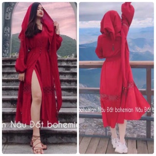 ĐẦM MAXI ĐỎ KÈM KHĂN (KÈM HÌNH THẬT)