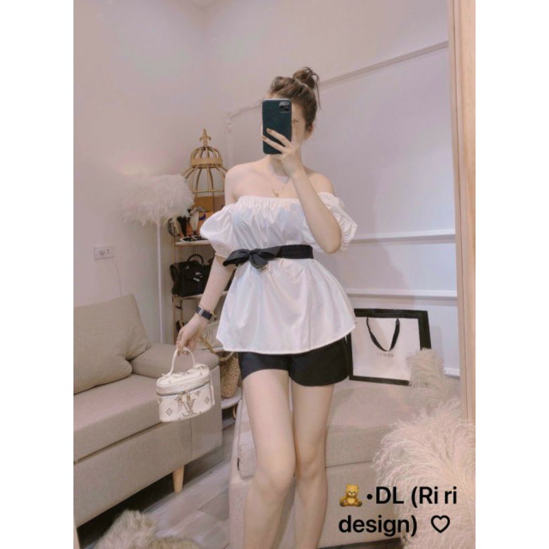 Sét trễ vai quần sooc vải tag kèm đai áo tạo điểm nhấn phần eo lên dáng cực xinh cực hack dáng nha các chị🤩