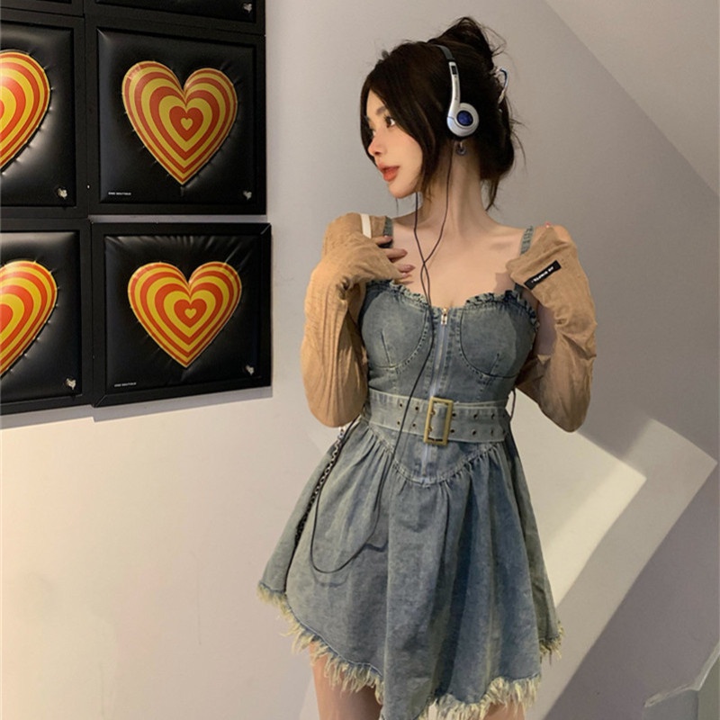 Set Đầm Denim Không Tay Và Áo Khoác Cardigan Mỏng Chống Nắng Thời Trang Cho Nữ