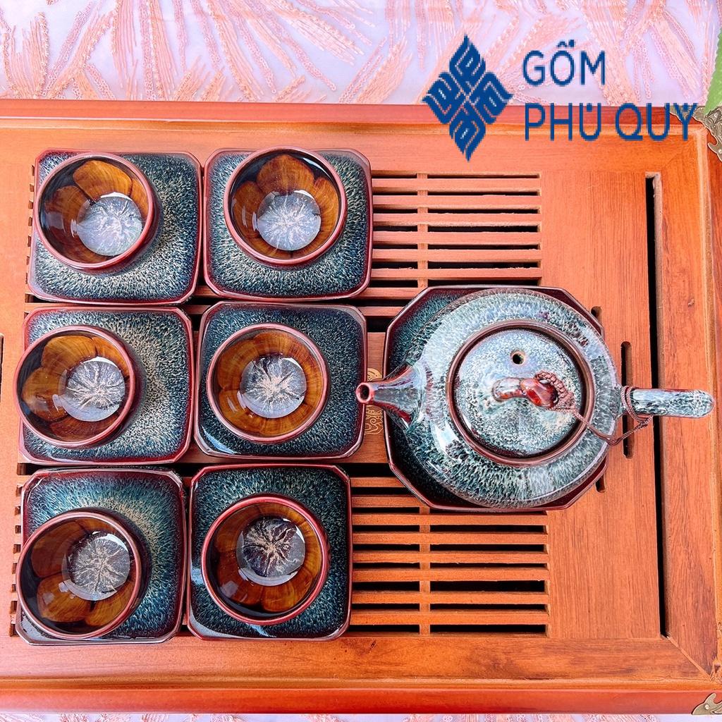 Bộ Ấm Chén Uống Trà 🎁 Gốm Sứ Bát Tràng 🎁 Bộ Ấm Trà Quai Sứ Men Gold Hoả Biến Gomphuquy Hn23