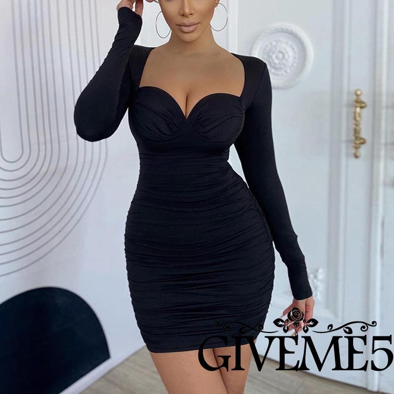 Đầm ôm cổ vuông tay dài màu trơn thời trang cho nữ