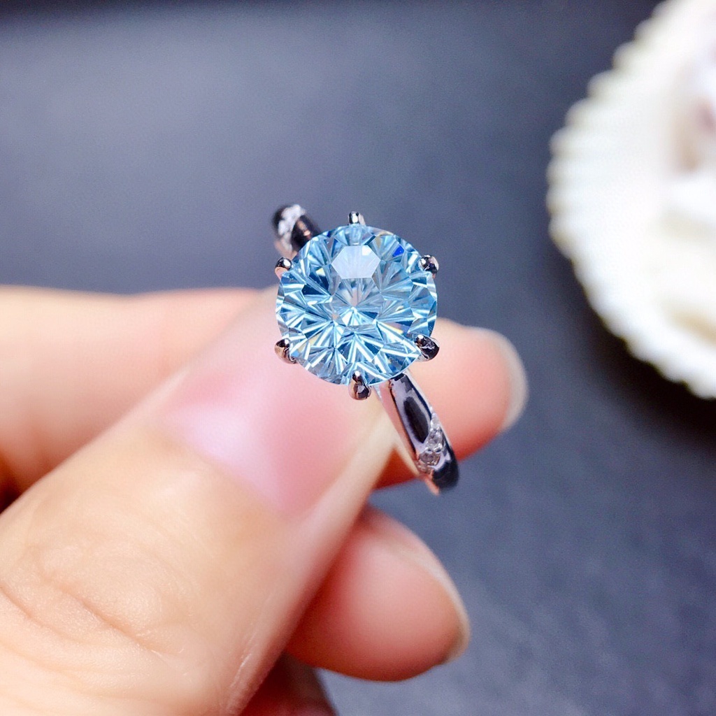 Nhẫn Bạc 925 6 Vuốt Khảm Pha Lê Xanh Dương Nhạt Đơn Giản Thanh Lịch Cho Nữ