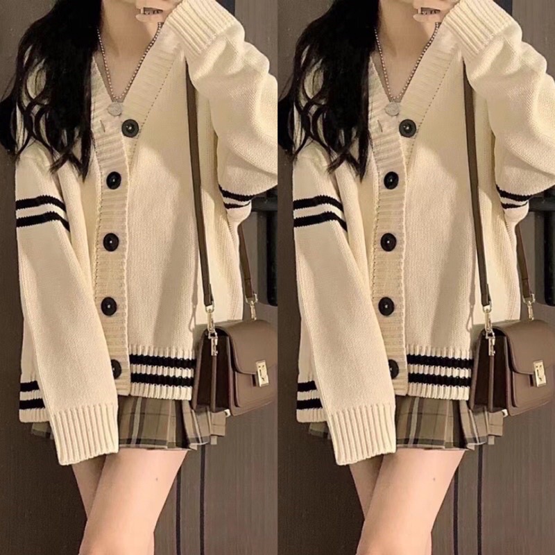 Áo khoác len học sinh nữ tay sọc ngang 2 bên len dày dặn