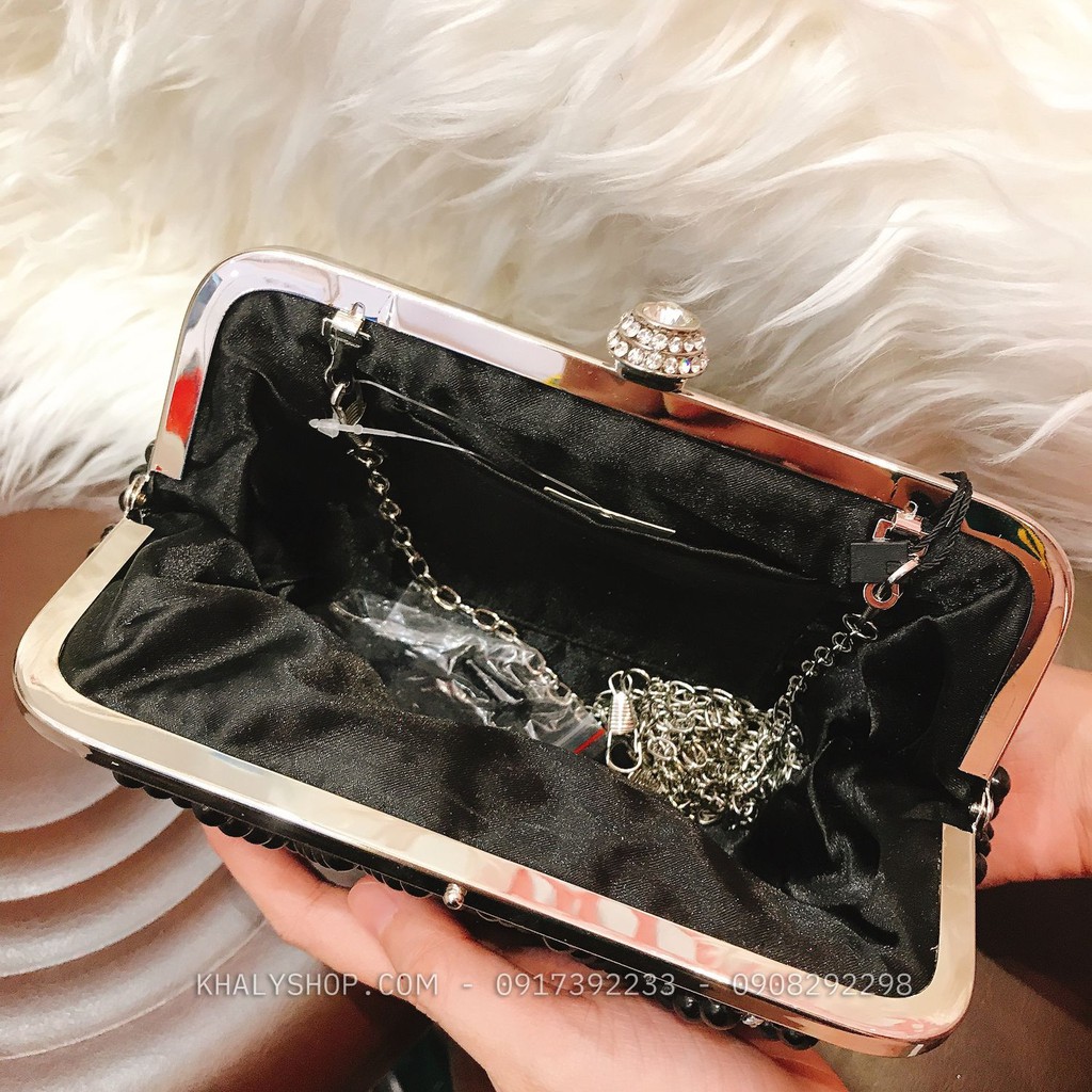 Bóp đầm clutch dạ hội dự tiệc sang trọng đeo chéo xách tay kết hạt châu màu trắng đen siêu xinh cho bạn nữ - (22x3x12cm)