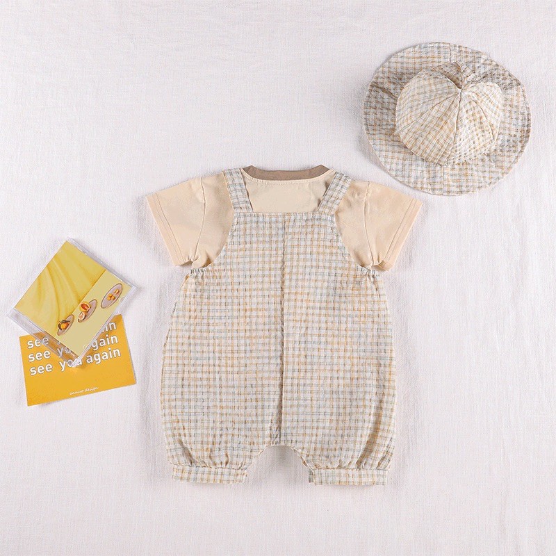 Bộ 3 món gồm áo thun + quần yếm + mũ phong cách đáng yêu cho em bé sơ sinh