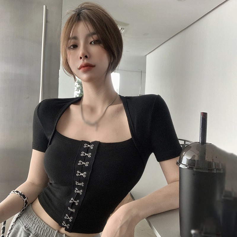 Áo Thun Màu Trơn Dáng Ôm Cài Một Hàng Nút Thời Trang Hàn Quốc Cho Nữ