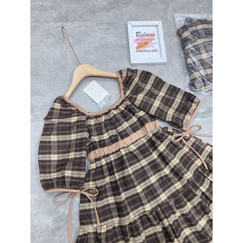 [Siêu hot] Váy Nữ Kẻ Nâu Chun Éo Dáng Xoè, Đầm Nữ Dáng Babydoll Cổ Vuông Có Ảnh Thật Kèm Video | BigBuy360 - bigbuy360.vn