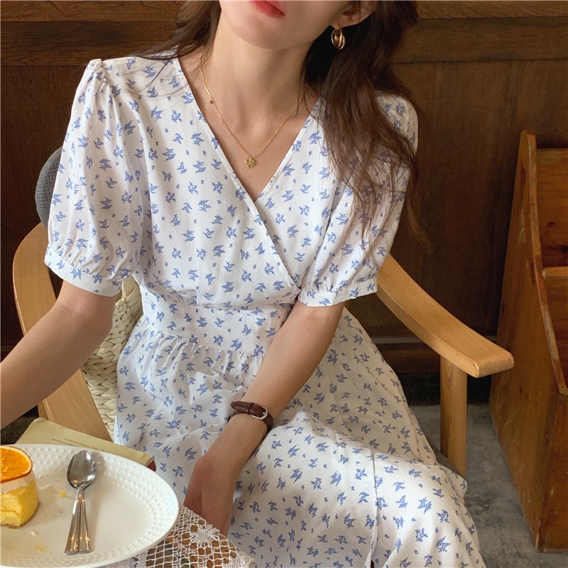 Đầm maxi nữ SUXI tay ngắn cổ chữ V in hoa phong cách Hàn Quốc