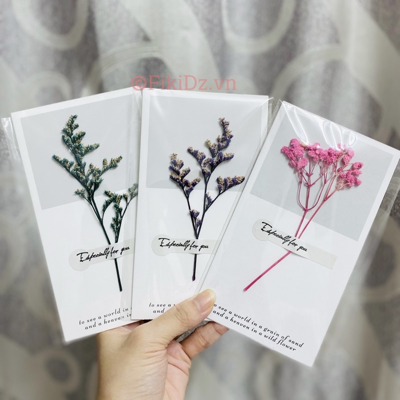 Thiệp chúc mừng trang trí hoa khô handmade 10x15cm