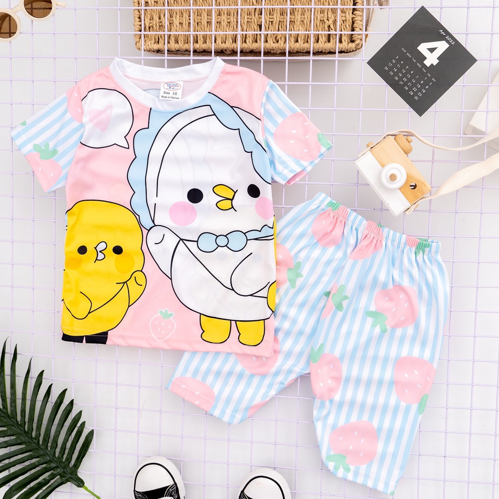 Đồ bộ bé gái vải thun hoạt hình và trái cây in 3D hiệu MIMYKID cao cấp, set đồ cho bé - LMSP-B01GH2