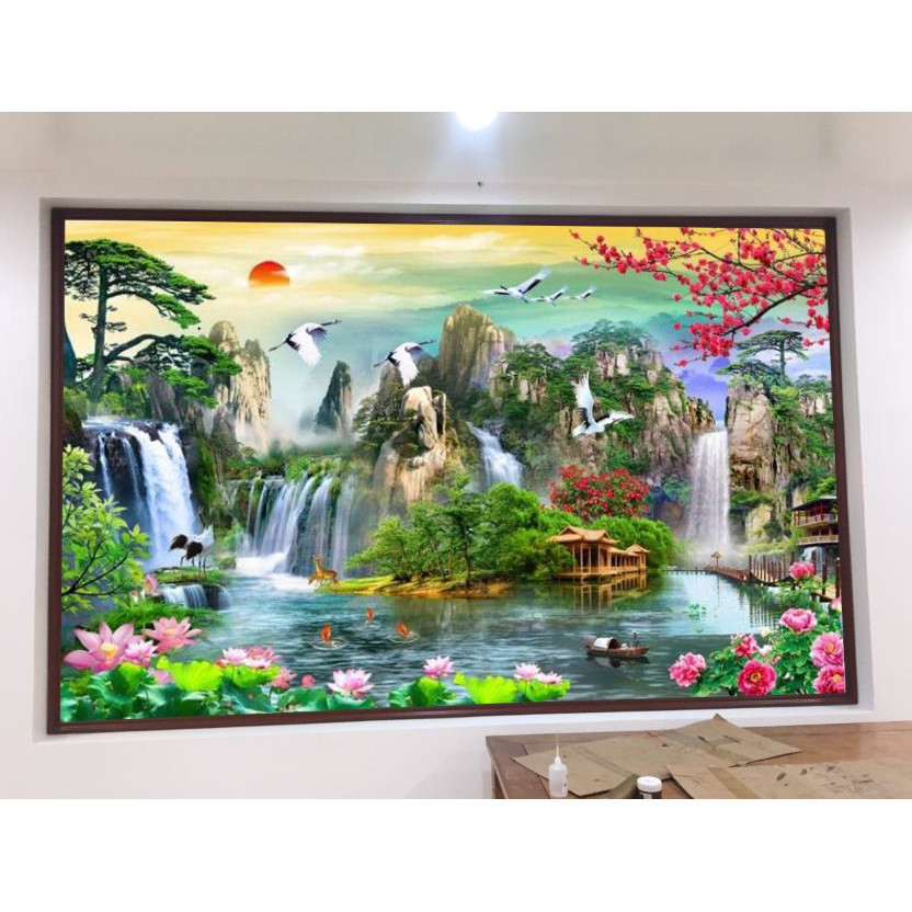 Tranh dán tường 3D sơn thủy hữu tình - vải lụa kim tuyến dán trực tiếp lên tường tặng kèm keo dán tường