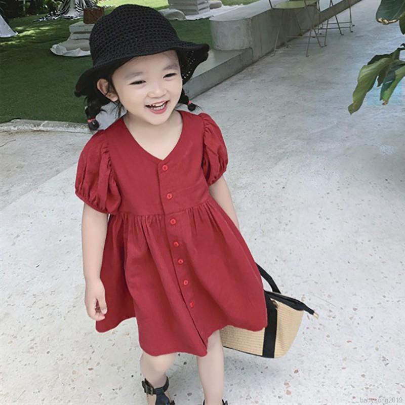 Đầm Cotton Ngắn Tay Màu Trơn Cho Bé Gái