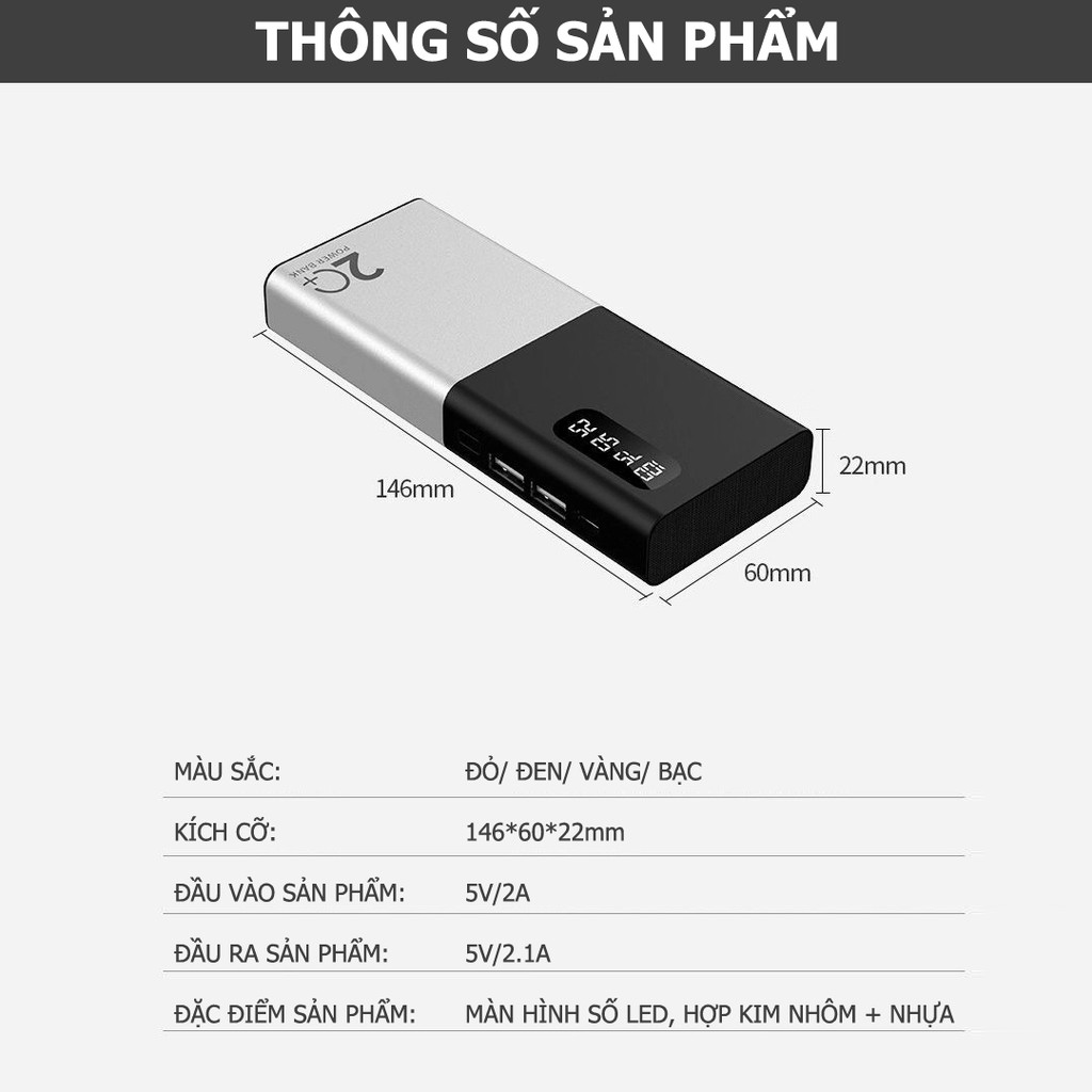 Pin sạc dự phòng GROWNTECH 20000mah, sạc nhanh màn hình LCD 2 cổng USB