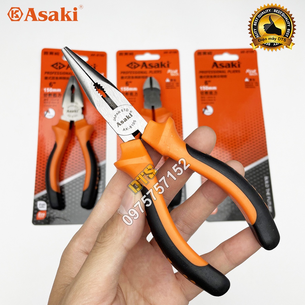 Kìm đa năng 6 inch kiểu Đức Asaki Kìm điện Kềm cắt kềm răng kềm mũi nhọn A+cut Tech thép CR-V siêu cứng bền cắt kẹp tuốt