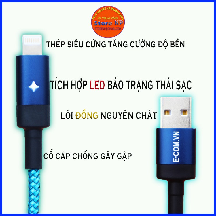 Dây Cáp Sạc iphone Tự Ngắt Khi Đầy Pin - Có Đèn Led - Chính hãng E-Com - Bọc dù chống đứt _ storenp