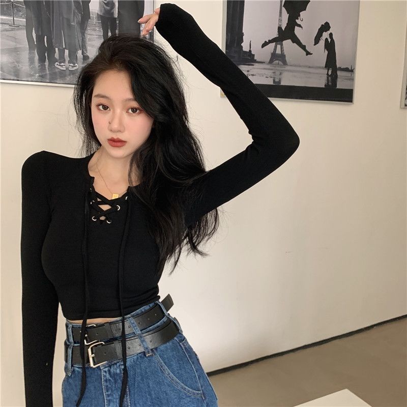 Áo thun COZOKC tay dài dáng ôm thiết kế dây đan chéo phong cách Hàn Quốc