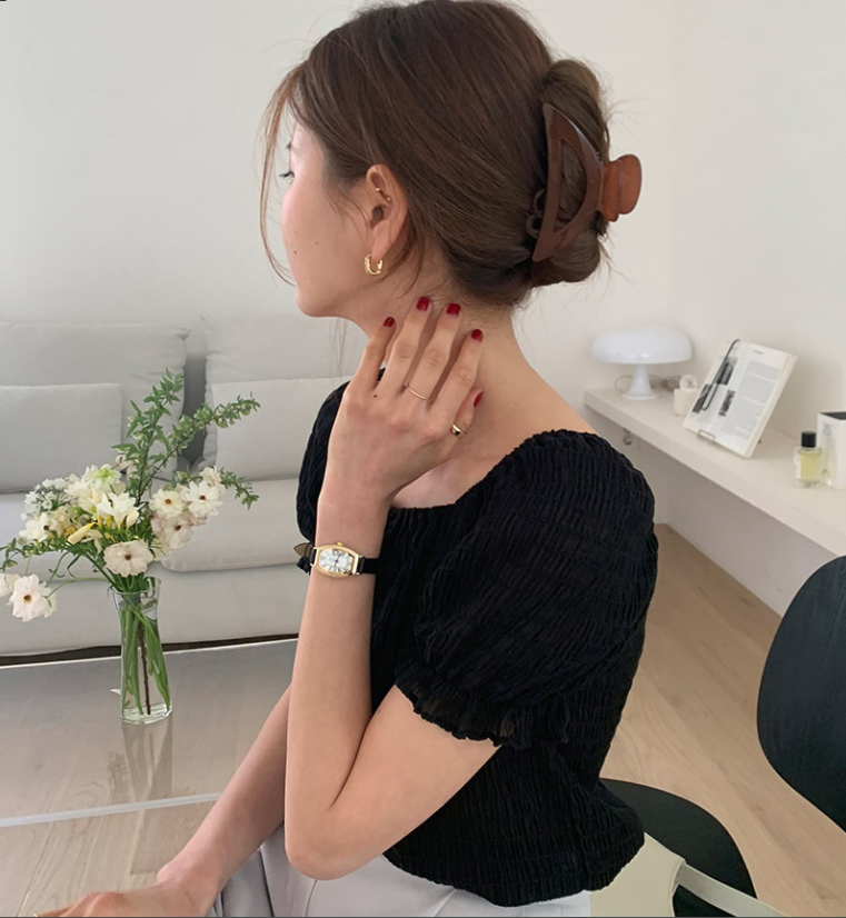 SUXI Áo Croptop Chất Chiffon Tay Ngắn Thiết Kế Thanh Lịch Phong Cách Pháp