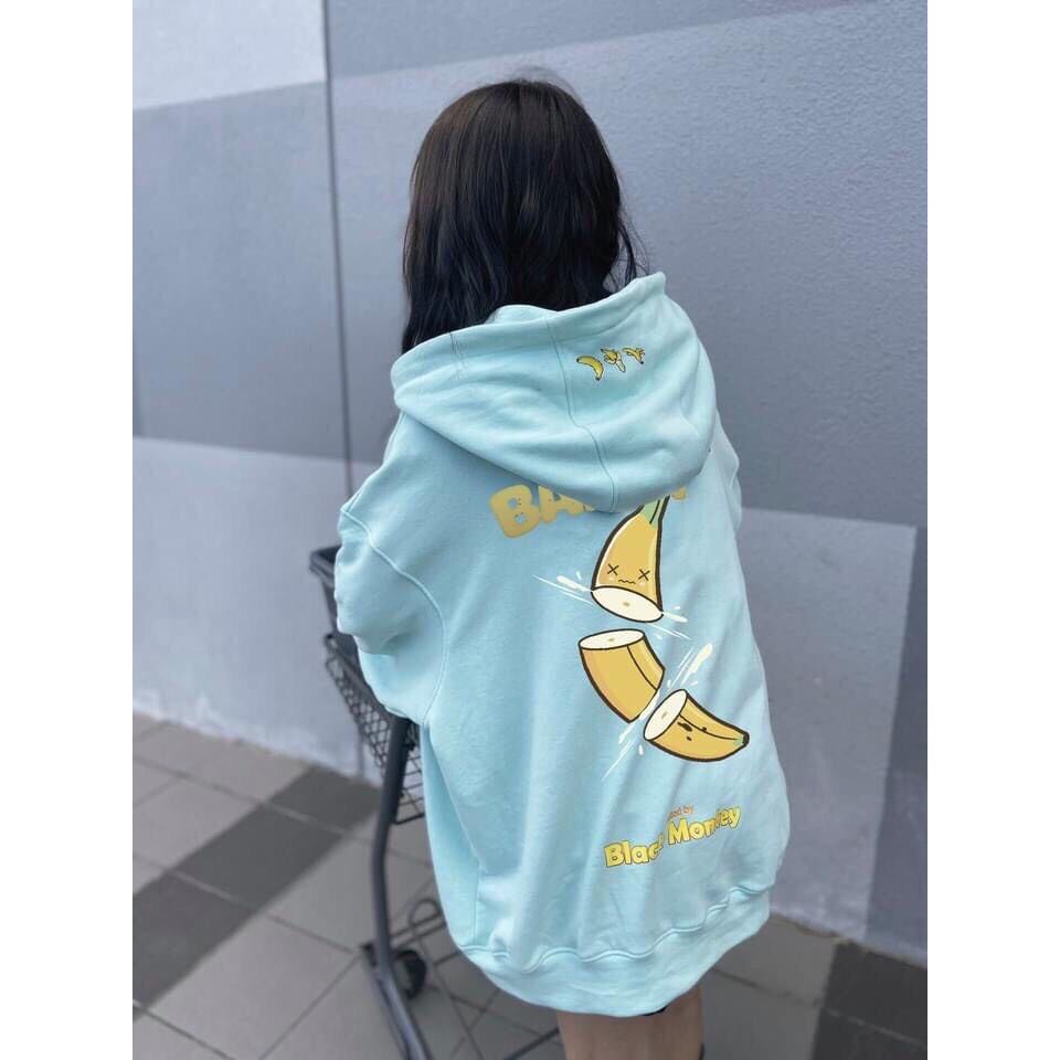 ÁO KHOÁC NỈ DÂY KÉO FORM RỘNG BANANA ULZZANG - ÁO HOODIE NỈ BÔNG CHUỐI ĐEN TRẮNG XANH