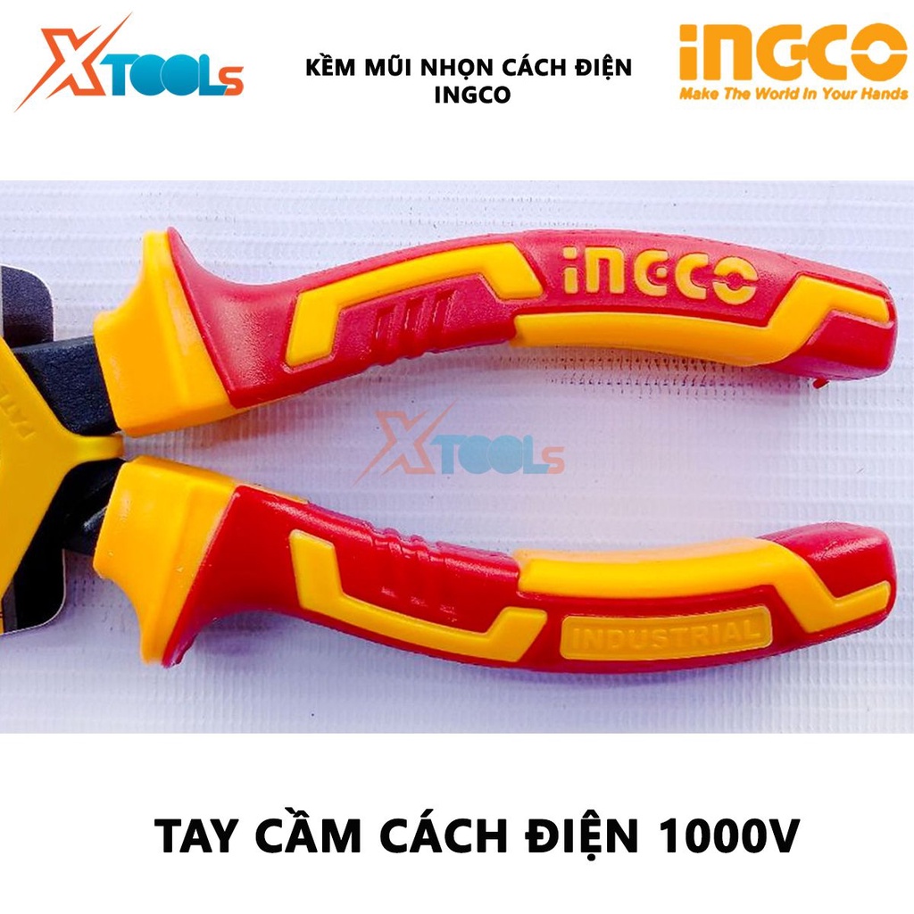 Kìm cách điện mũi nhọn dài INGCO | Kềm mũi nhọn Kích thước: 6-8 inch ~ 160-200mm Tay cầm cách điện lên đến 1000V, dùng đ