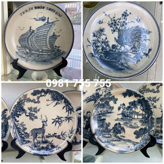 Đĩa trưng bàỳ giả cổ men rạn - gốm Bát Tràng - Tặng kệ gỗ - trang trí decor(sale)