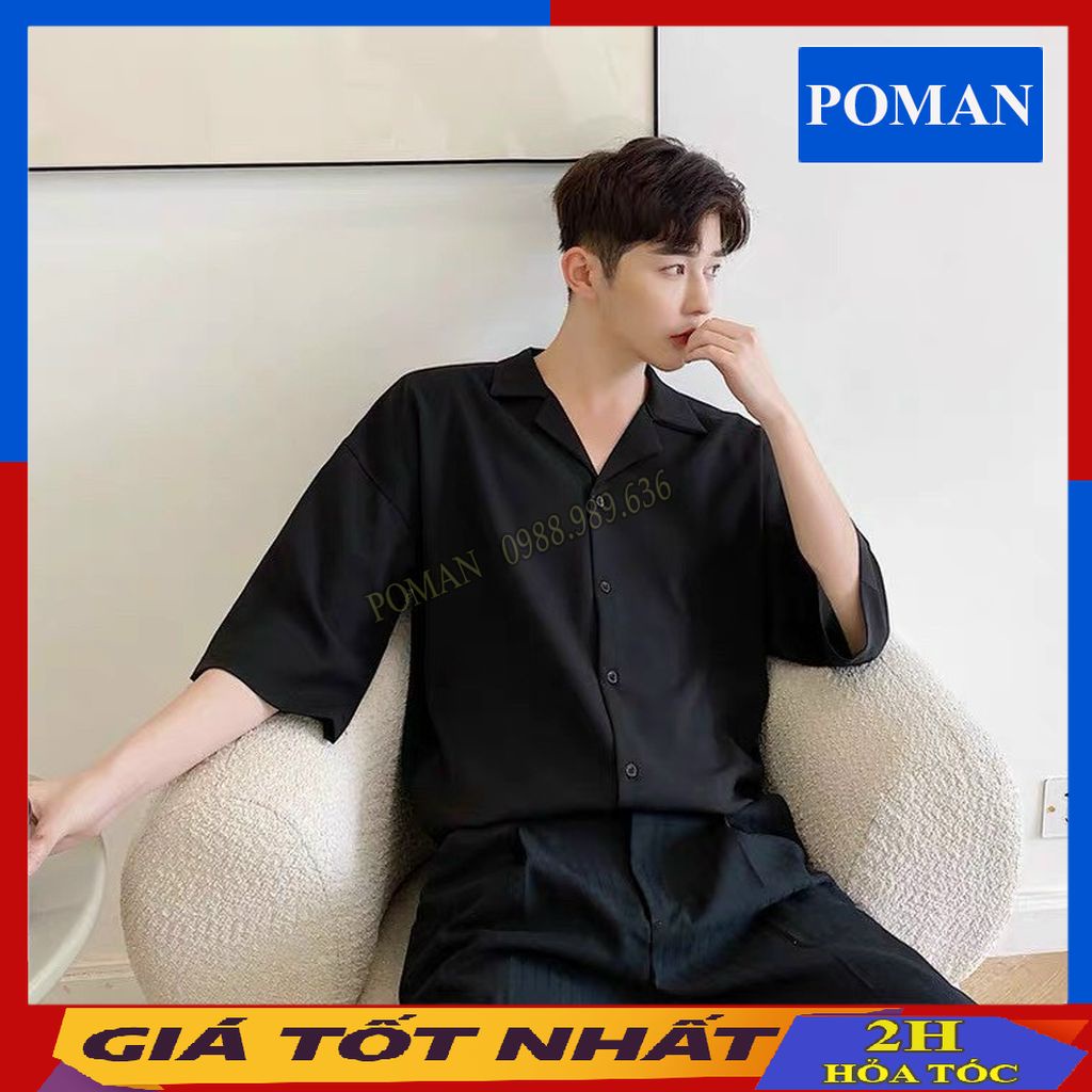 Áo sơ mi ngắn tay cổ Vest vải lụa Unisex, áo sơ mi unisex phong cách Hàn quốc chất thoáng mát SM01 - POMAN