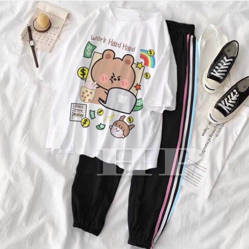 Sét áo in hình + quần 3 sọc màu chun gấu TH6