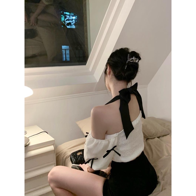 UIOWOO  Áo Trễ Vai Tay Phồng Đính Nơ Màu Sắc Ngọt Ngào Thời Trang Cho Nữ Xu hướng