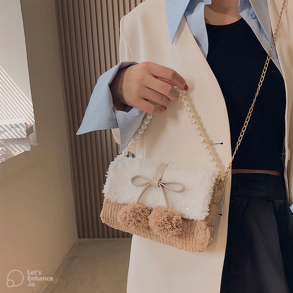 Túi len tự đan, túi đeo chéo pom pom thời trang Hàn Quốc - Bộ phụ kiện đầy đủ LX802