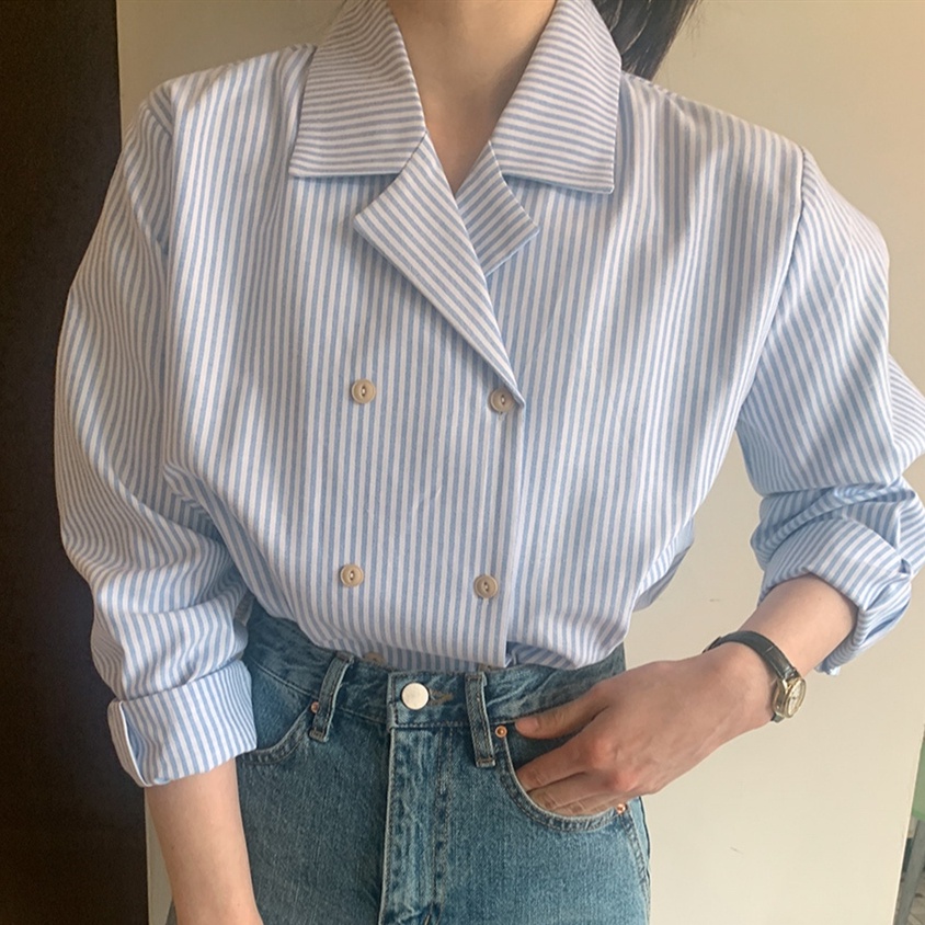 54123 Retro Pinstripe Ve Áo Sơ Mi Hai Hàng Nút