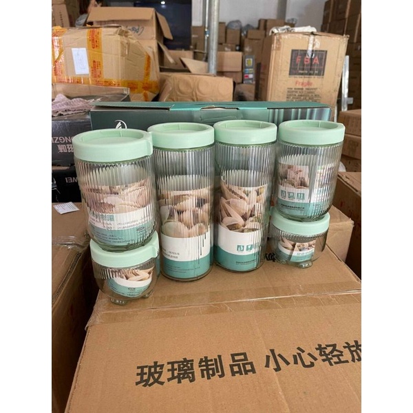 Set 6 Lọ Đựng Thực Phẩm Thủy Tinh Vân Sọc Có Nắp Vặn Xoay Kín Để Tủ Lạnh Hàng Siêu Cấp