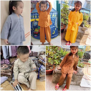 Bộ đồ lam đi chùa trẻ em vải Kate, Quần áo phật tử mẫu la hán bé gái