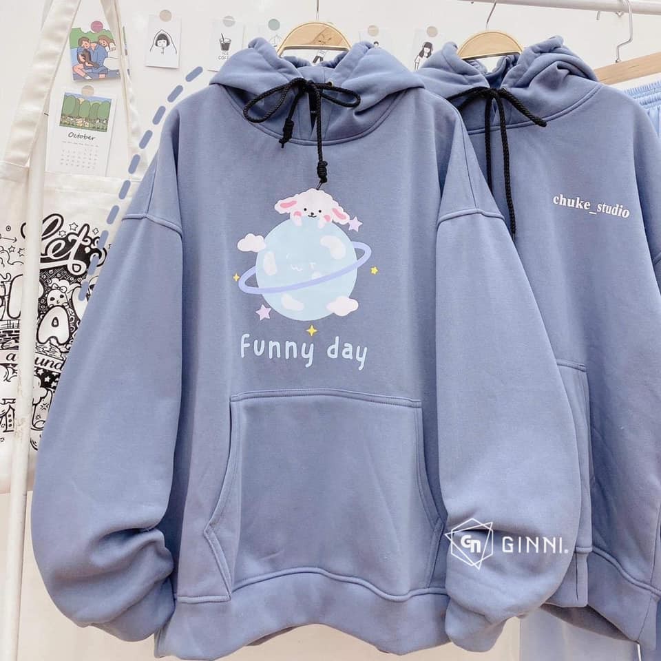 Áo Khoác Nỉ Hoodie hình thêu FUNNY  [ Xám Xanh ]- Ginni Shop