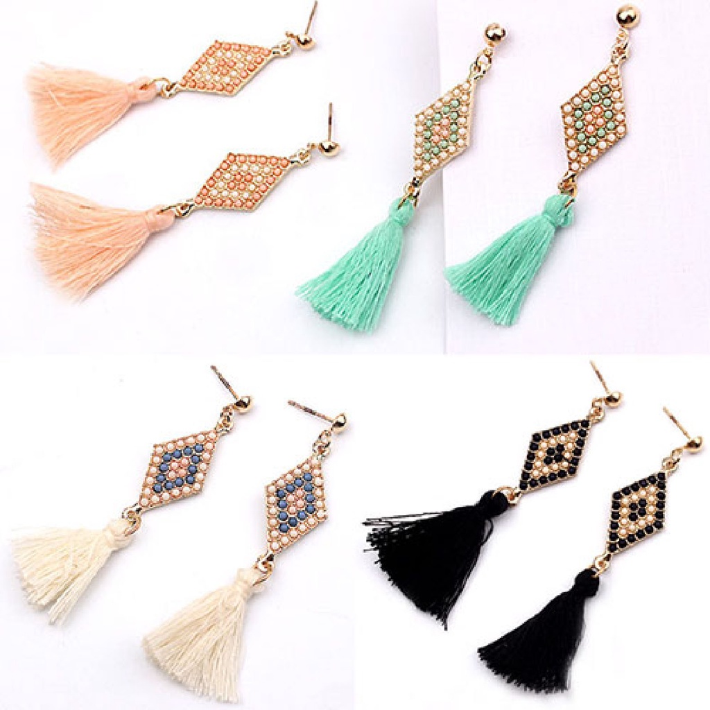 Cặp khuyên tai tua rua đính đá quý nhân tạo hình thoi sang trọng quý phái dành cho nữ