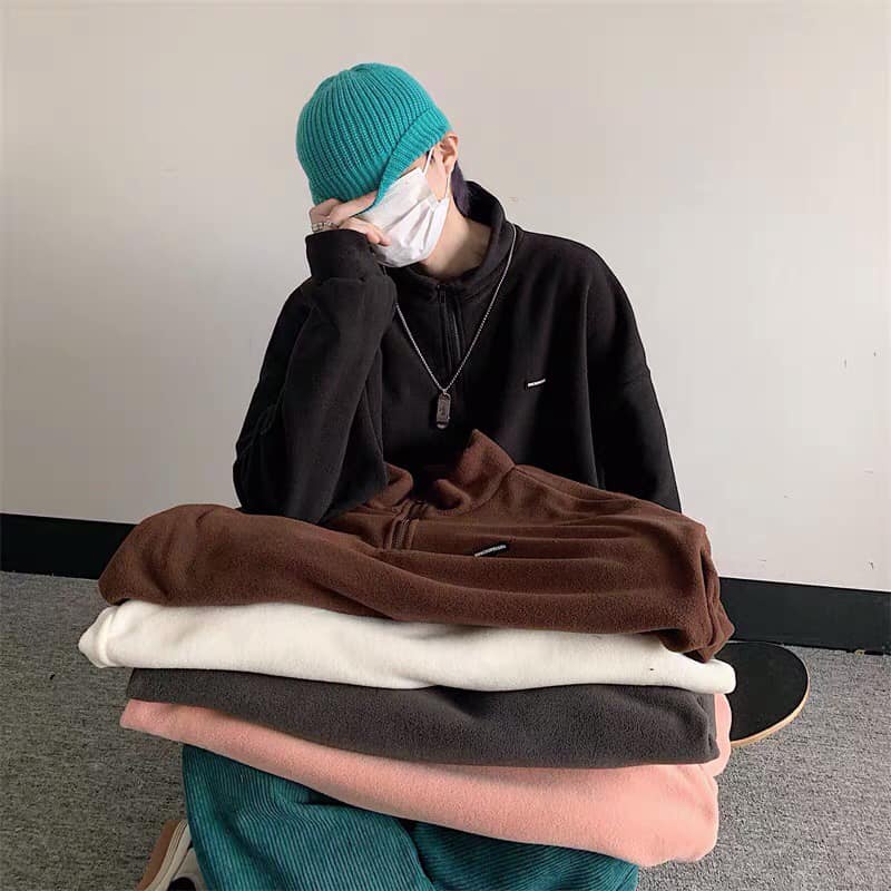 Áo khoác bông nỉ khoá cổ cao logo phom rộng Freeship extraONE UNISEXThời trang Unisex phong cách hàn quốc nam nữ