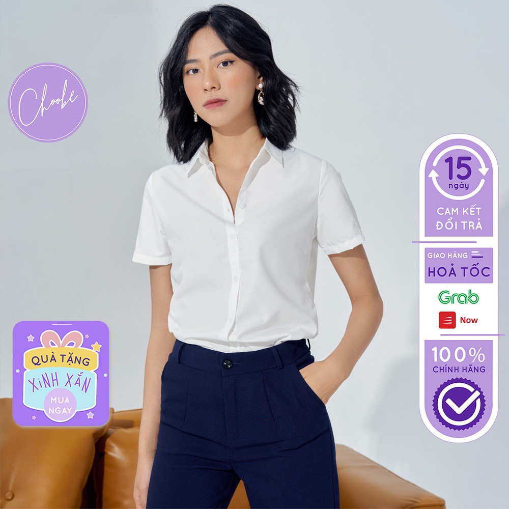 Áo sơ mi nữ Choobe tay ngắn form suông màu trắng xanh sơmi cộc thời trang công sở A02 - HÀNG MỚI VỀ