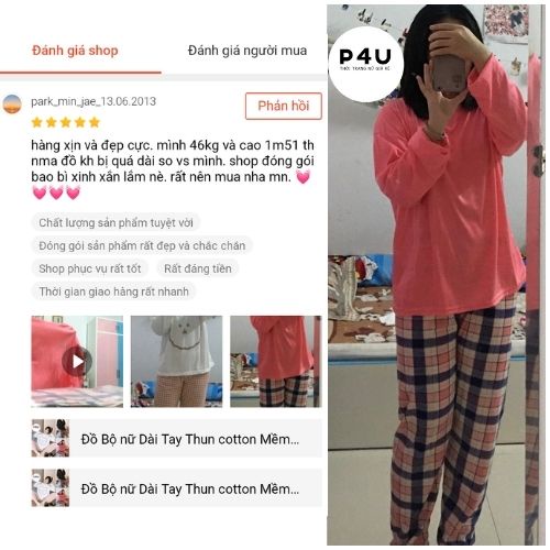 Đồ Bộ nữ Dài Tay Thun cotton Mềm Mịn, Bộ Quần Áo Dài Kẻ Caro Đủ Màu Freesize 40-65kg