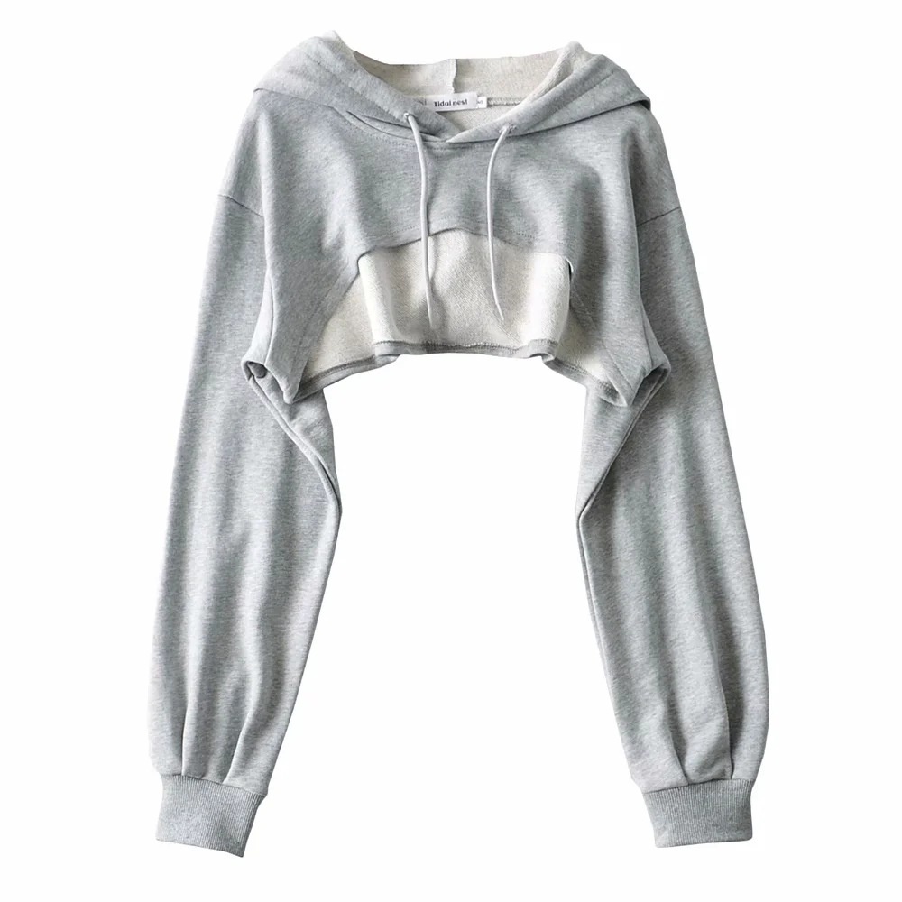 Áo Hoodie Siêu Ngắn Thể Thao Dây Rút Tay Dài Màu Trơn Cho Nữ