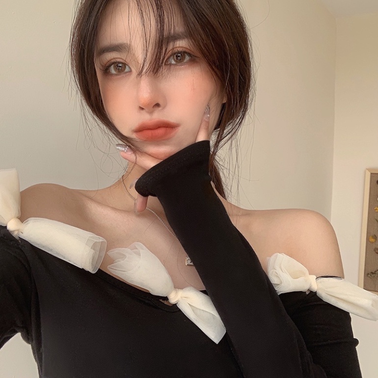 Áo phông thun bẹt vai dài tay thắt nơ viền áo sexy ngày hè dành riêng cho nữ AK44