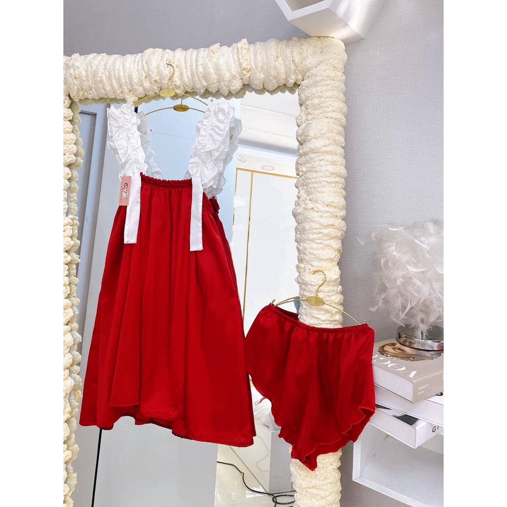 Đầm Ngủ 2 Dây Nhún Bèo Bigsize Lụa Lantin tặng kèm quần đùi