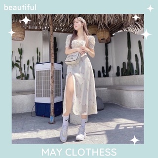 Váy hoa nhúm ngực xẻ tà tay bồng/Đầm hoa Wedding dress