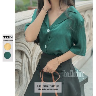 Áo Sơmi cổ vest nữ ngắn tay Ton.Clothing màu trơn vải lụa nhung Freesize SMI002