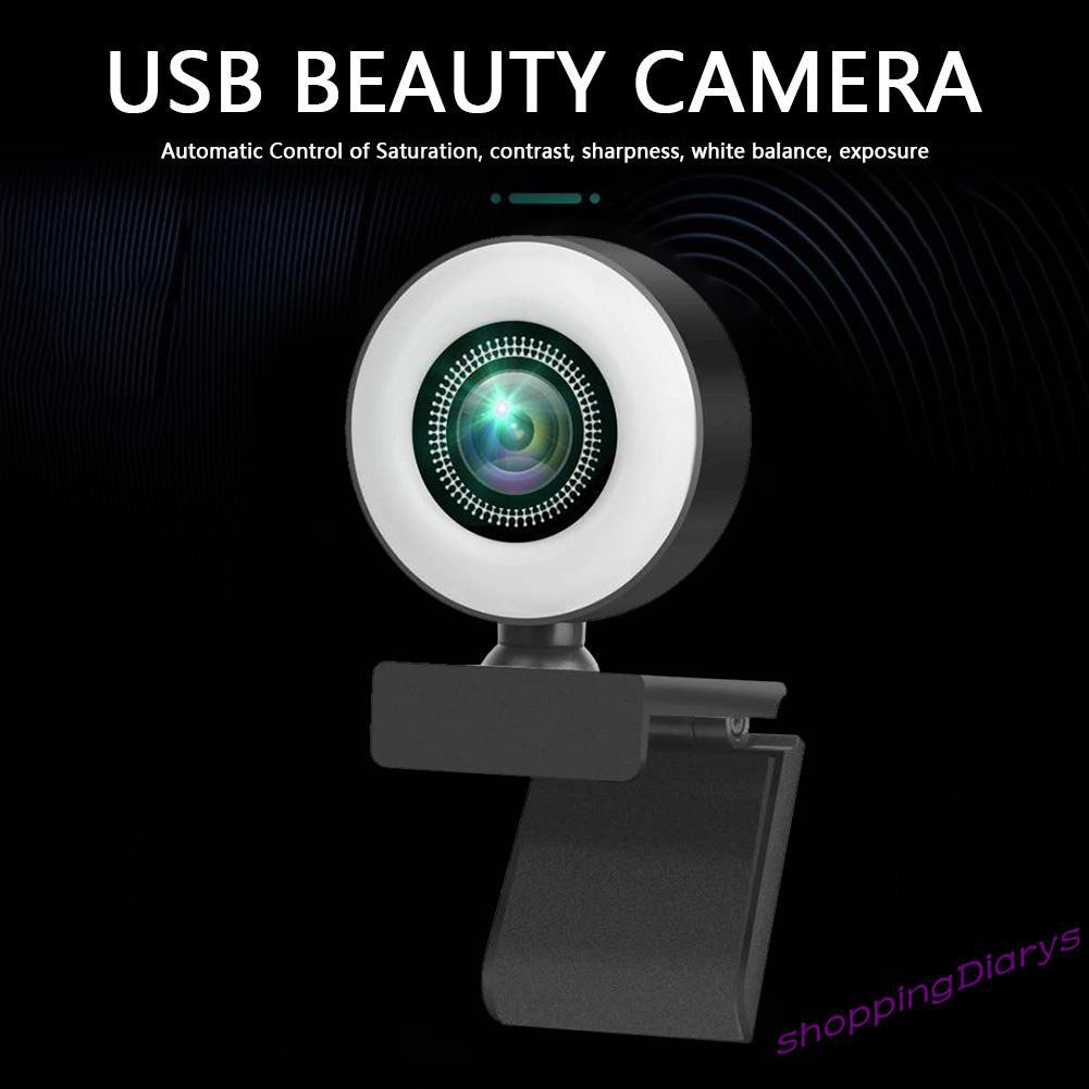 ✤Sh✤ 1080P HD USB Webcam Web Camera with Ring Light Microphone for PC Live Video