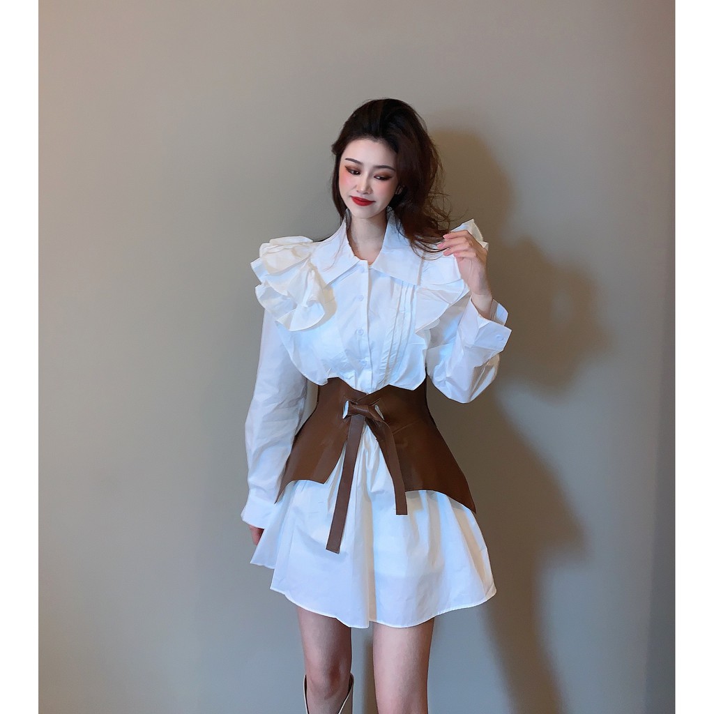 [HÀNG CÓ SẴN] Có ảnh thật. Váy sơ mi cánh tiên mix đai váy nâu cổ điển, váy bèo nhún phối đai váy bản to | BigBuy360 - bigbuy360.vn