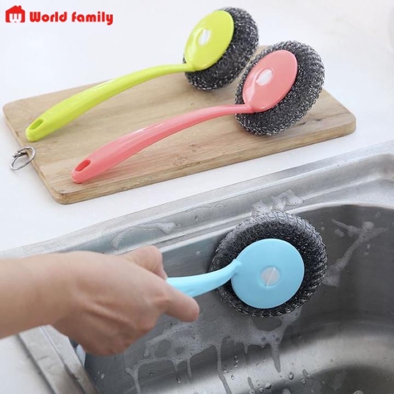 Cọ xoong nồi, bát đĩa búi sắt có tay cầm dài, cọ nhà bếp búi sắt có tay cầm