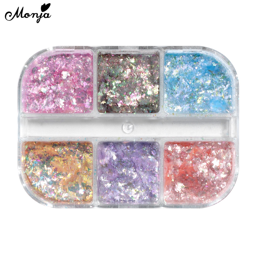 [Hàng mới về] Hộp bột kim tuyến Monja 6 màu sắc lấp lánh dùng trang trí móng tay
