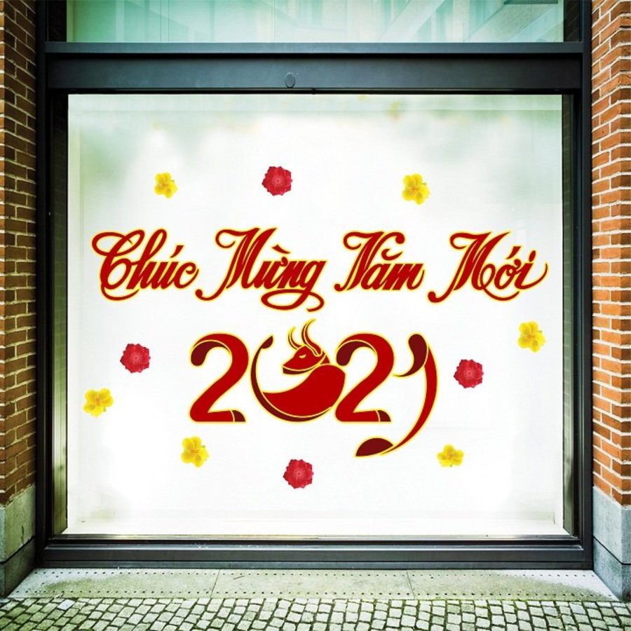 Decal chúc Tết 2021 - happy new year có keo sẵn dán được trên tường và kính