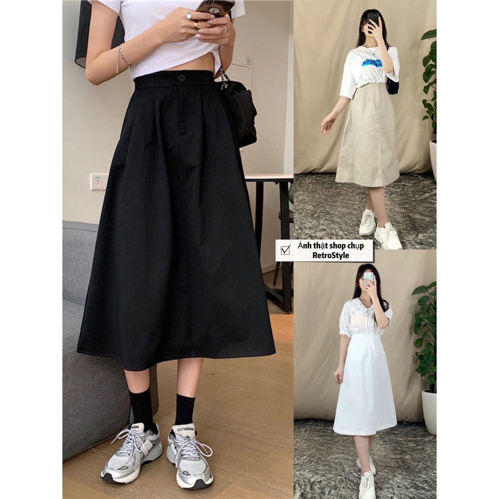 Chân Váy Kaki Dài Dáng Chữ A, cúc khóa trước, chun lưng sau ảnh video thật RetroStyle  CV8801